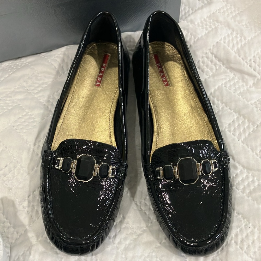 Vintage Prada , women’s 11 , Eu 41 patent leather , flat loafer / driving shoes.